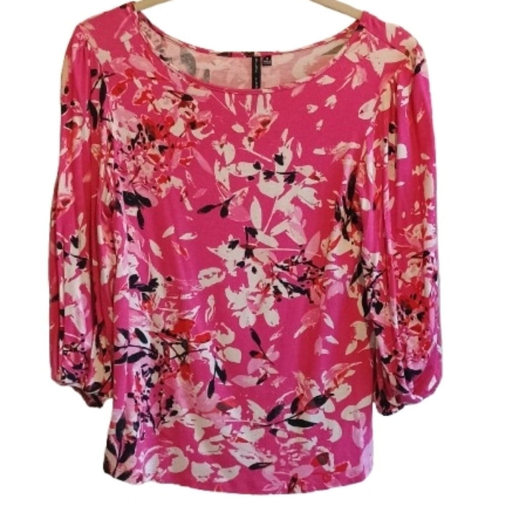 Nine Four One Women's Floral Print 3/4 Sleeve Knit Top Pink Size S